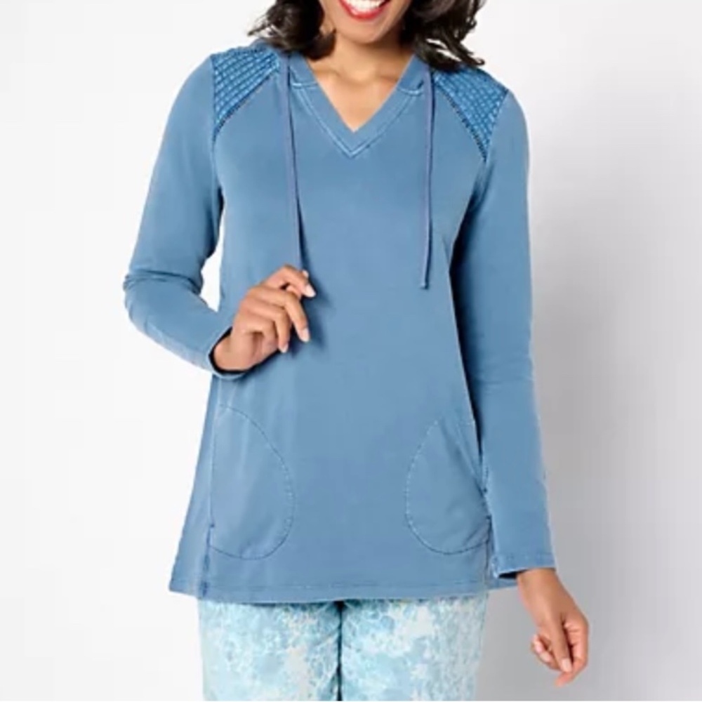 LOGO Life by Lori Goldstein French Terry Pullover Hoodie W/Pintuck. Large/Blue